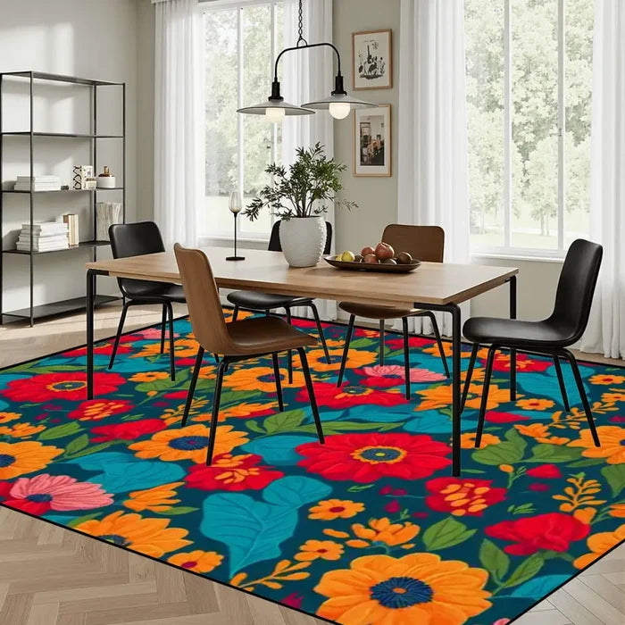 Large Floral Midcentury Retro Rug 12x9 ft – Soft 70s Style Non-Slip Carpet - retro rug