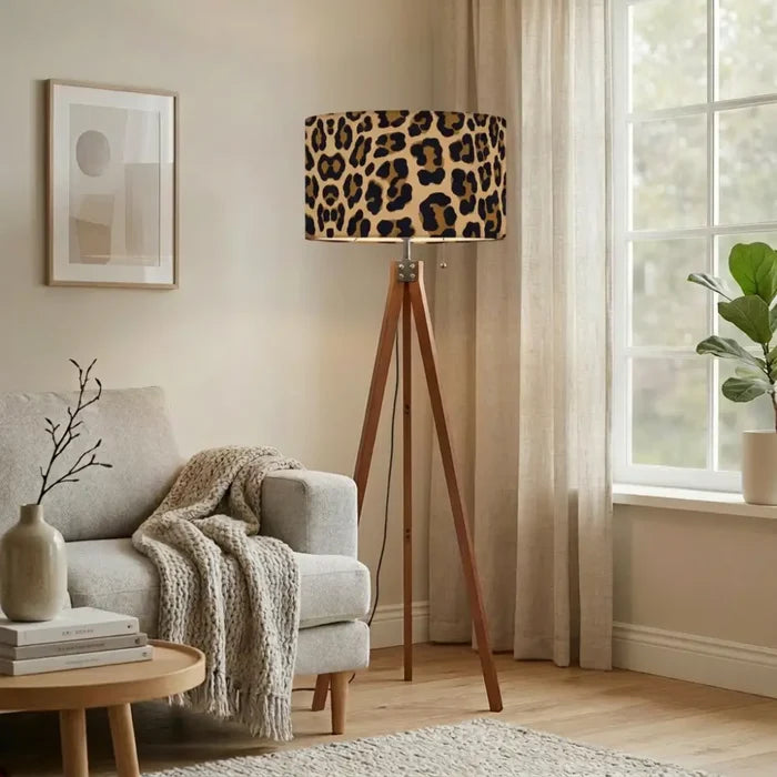 Leopard Print Retro Nordic Tripod Floor Lamp: Linen Shade Smart LED Remote - retro floor lamps