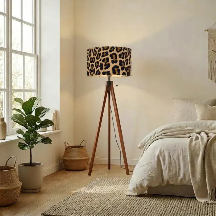Leopard Print Retro Nordic Tripod Floor Lamp: Linen Shade Smart LED Remote - retro floor lamps
