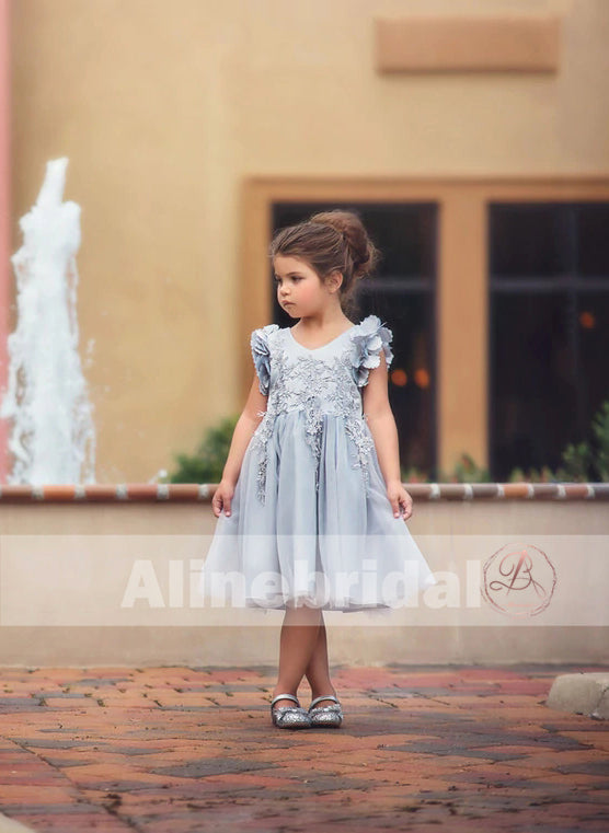 Light Grey Appliques Tulle Pretty Sleeveless Short Flower Girl Dresses, FGS078