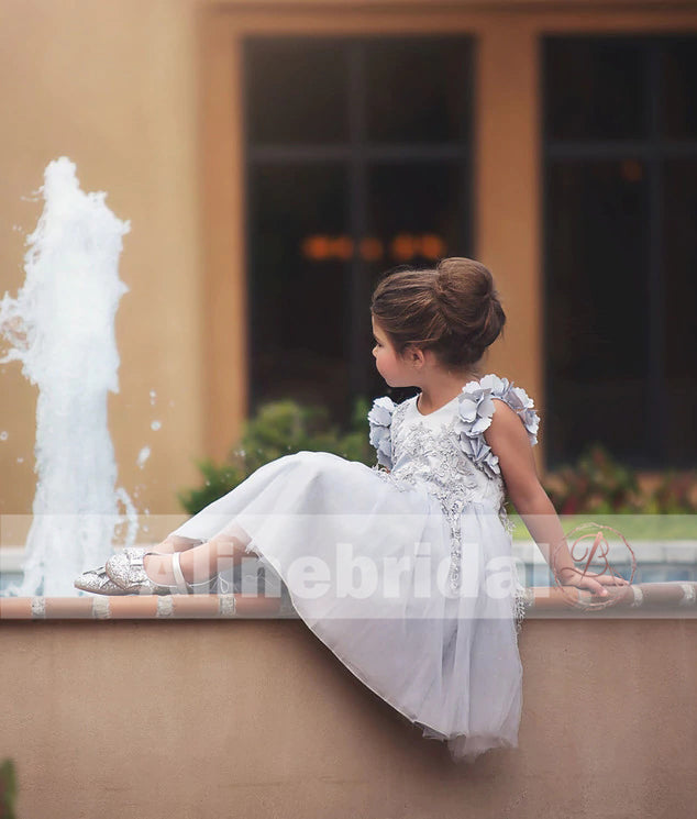 Light Grey Appliques Tulle Pretty Sleeveless Short Flower Girl Dresses, FGS078