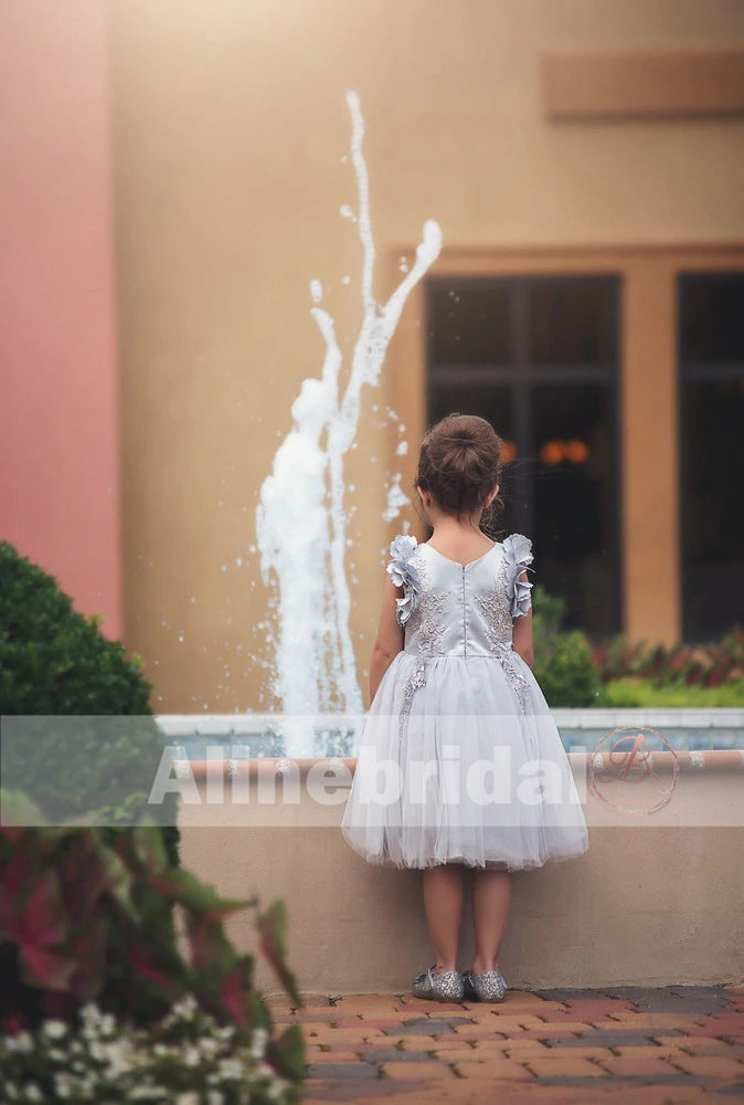 Light Grey Appliques Tulle Pretty Sleeveless Short Flower Girl Dresses, FGS078