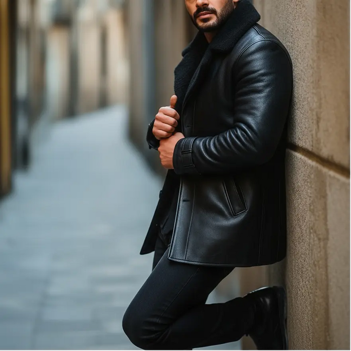 Man in a black leather coat leaning against a wall in an alleyway