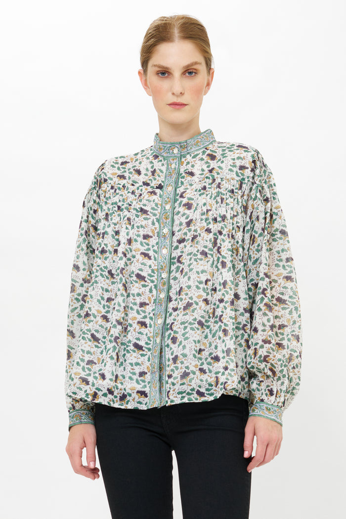 Mandarin Pintuck Blouse- Cotswold Green