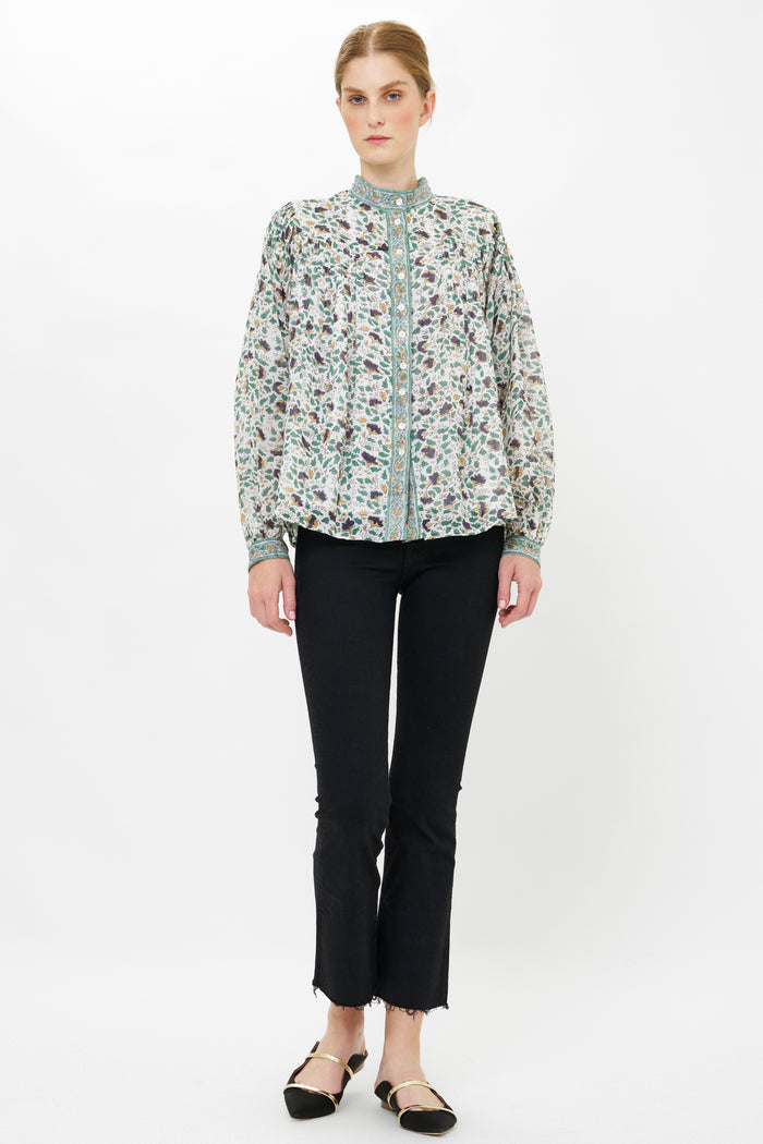 Mandarin Pintuck Blouse- Cotswold Green