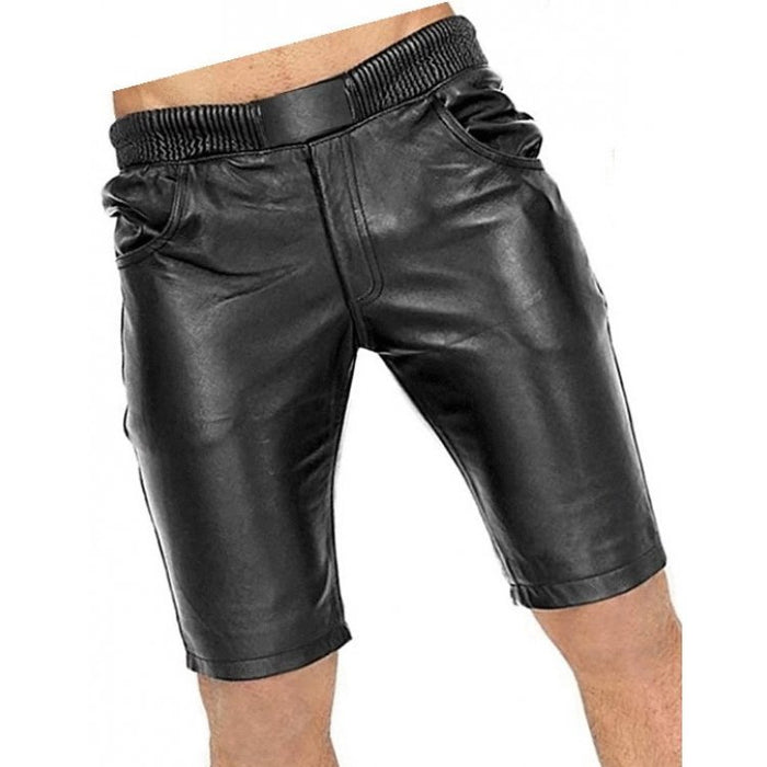 Men Elastic Waist Joggers Real Sheepskin Black Leather Shorts Leather Outlet
