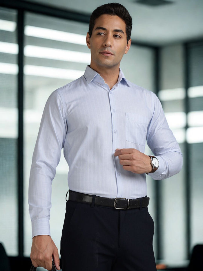 Men Light Blue Cotton Striped Formal Shirt