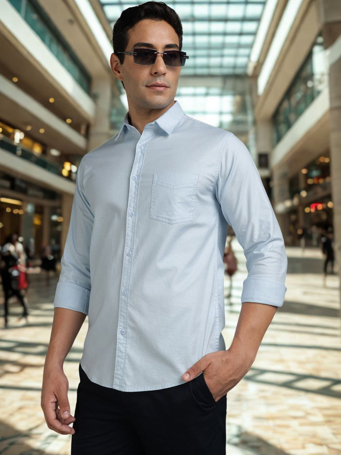 Men Plain Light Blue Stretchable Casual Shirt