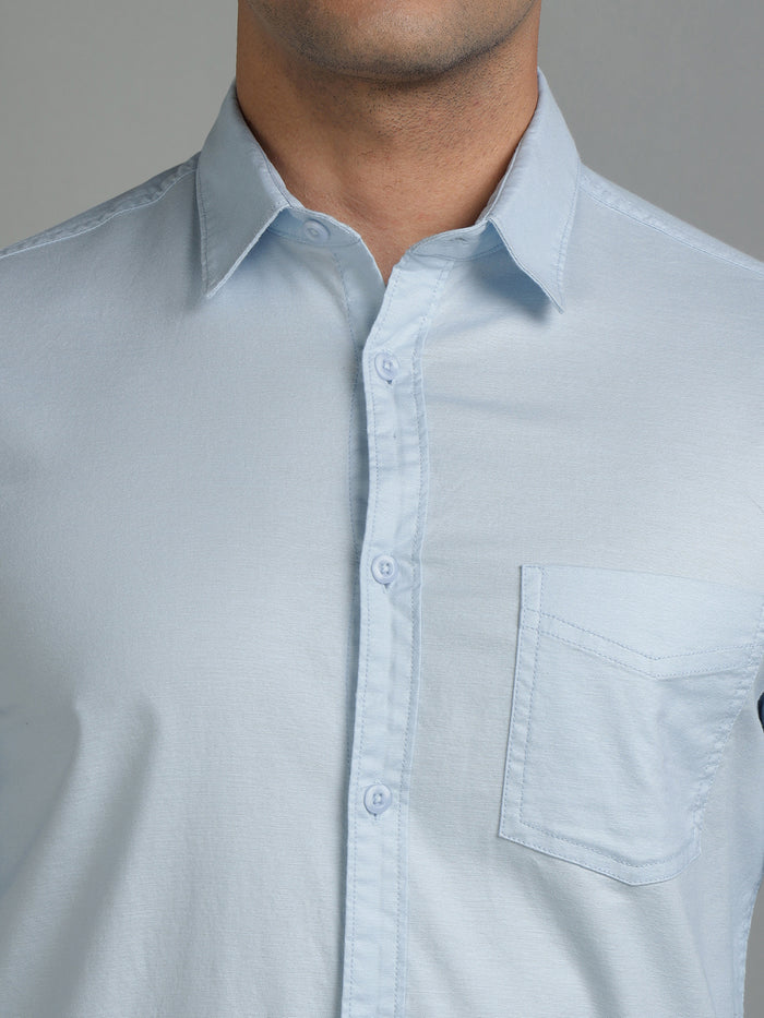 Men Plain Light Blue Stretchable Casual Shirt