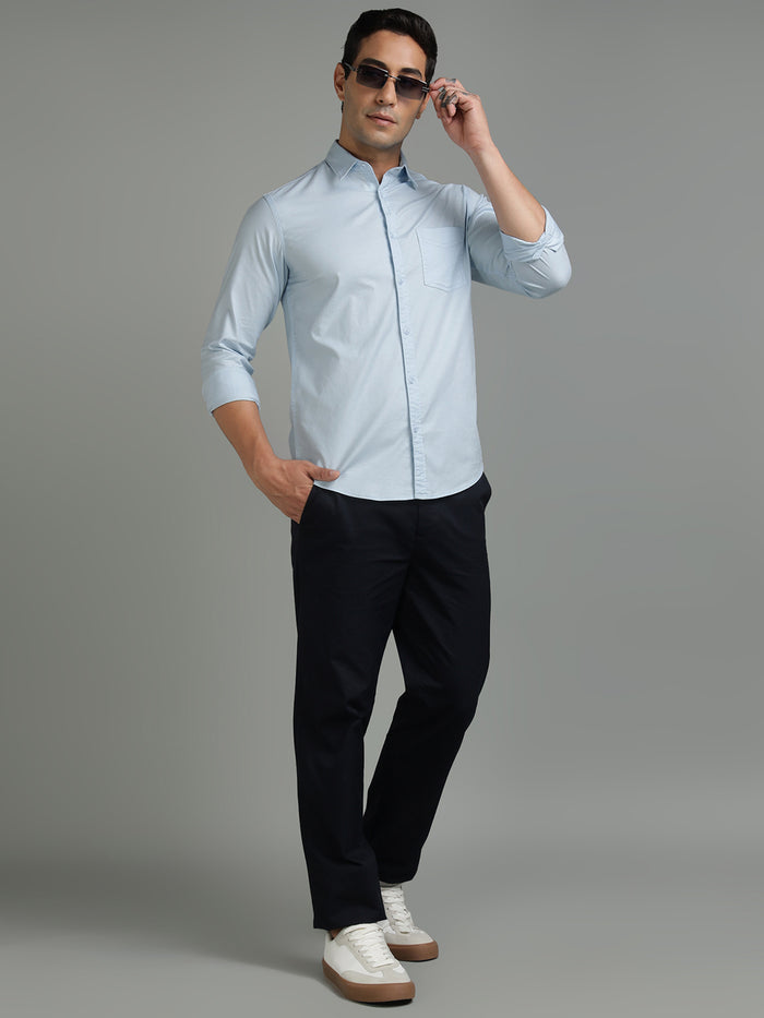 Men Plain Light Blue Stretchable Casual Shirt