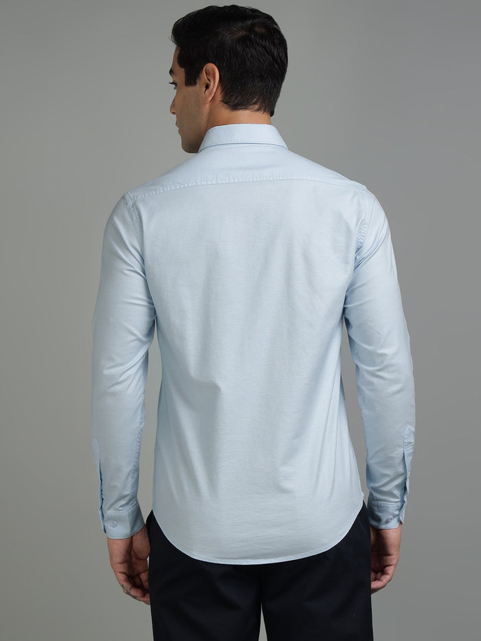 Men Plain Light Blue Stretchable Casual Shirt