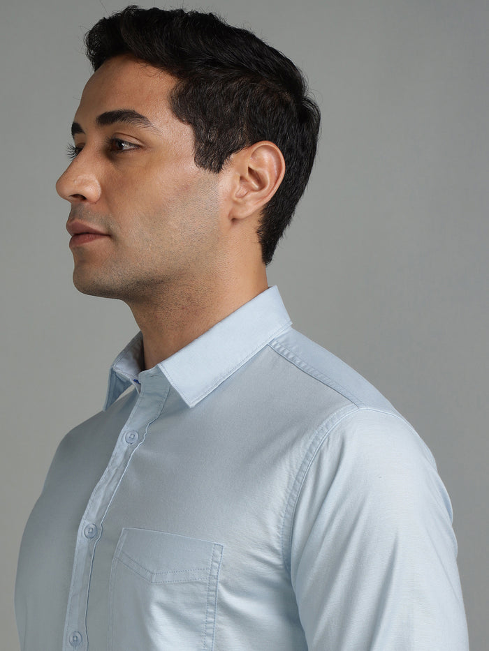 Men Plain Light Blue Stretchable Casual Shirt