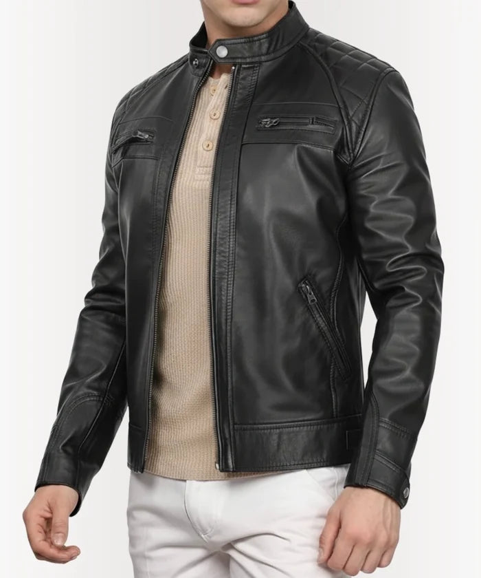 Men's Black Diamond Panel Motorcycle Jacket