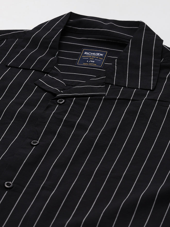 Men's Black Stripe Cuban Collar Half Sleeve Shirt-2