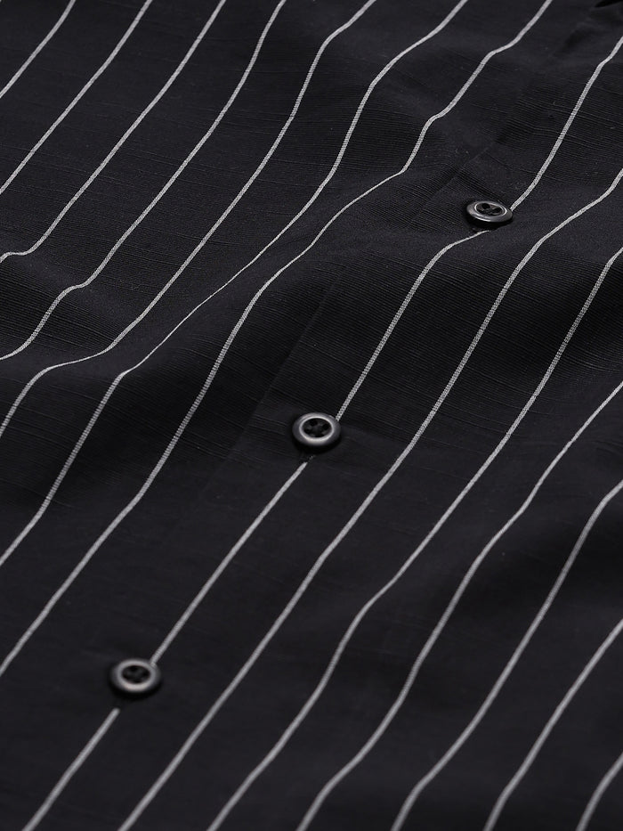 Men's Black Stripe Cuban Collar Half Sleeve Shirt-7