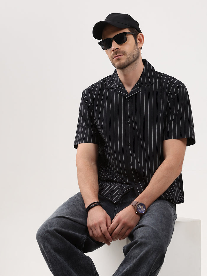 Men's Black Stripe Cuban Collar Half Sleeve Shirt-8