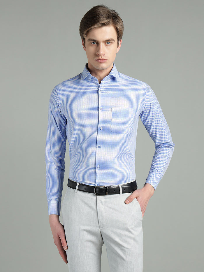 Men's Blue Micro-Check Slim Fit Formal Shirt