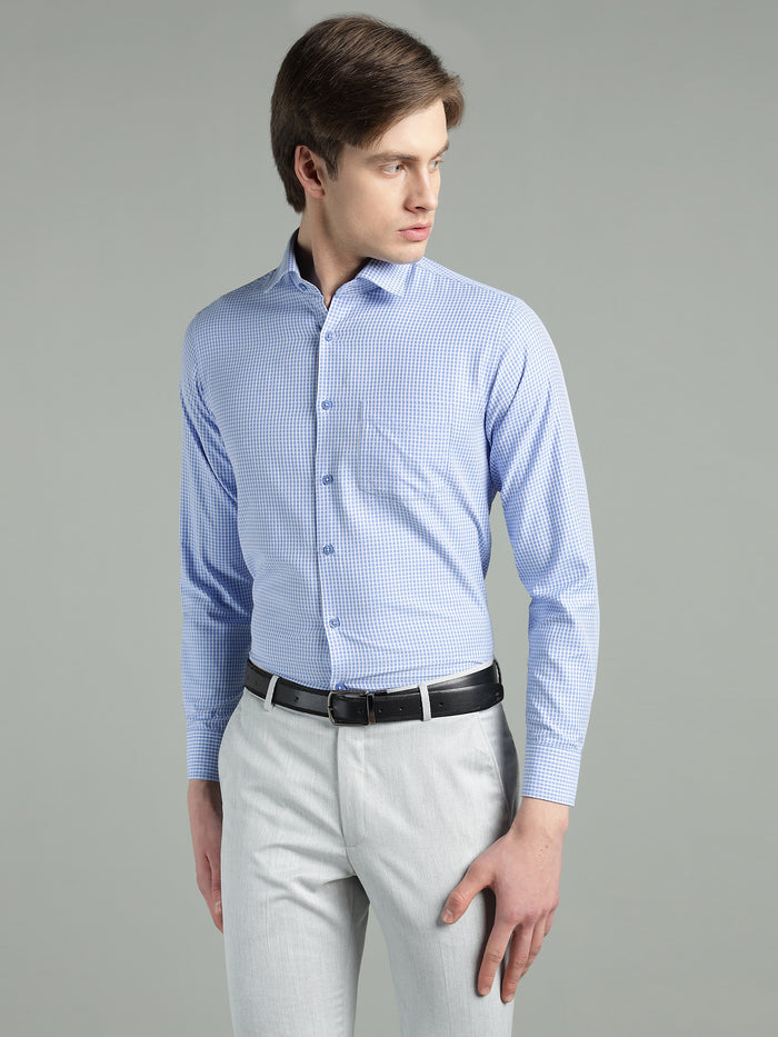 Men's Blue Micro-Check Slim Fit Formal Shirt