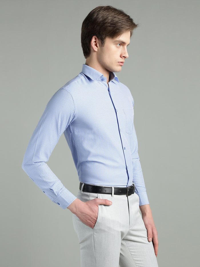 Men's Blue Micro-Check Slim Fit Formal Shirt