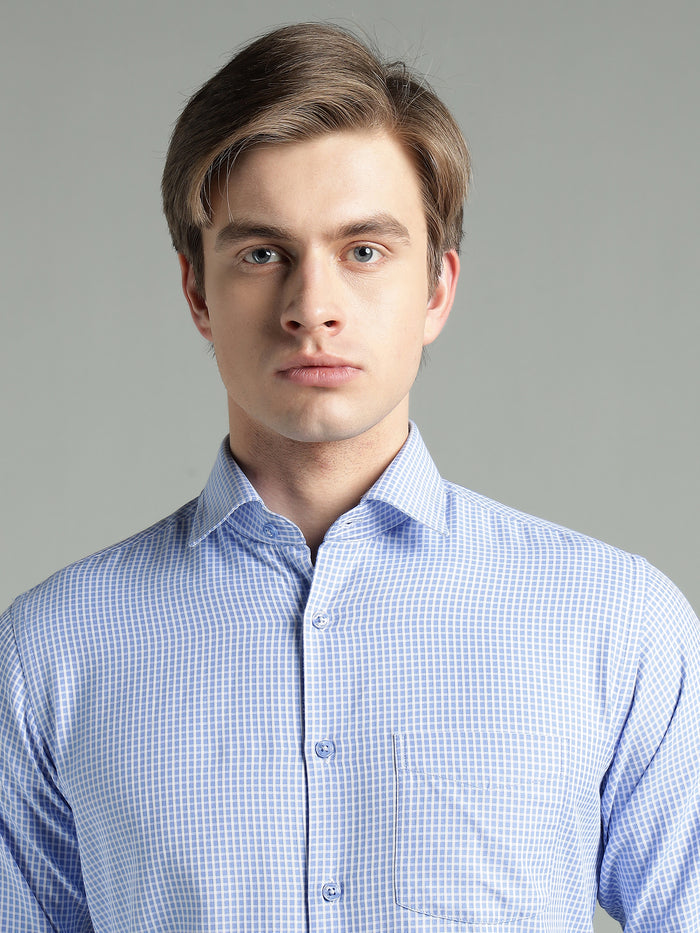 Men's Blue Micro-Check Slim Fit Formal Shirt