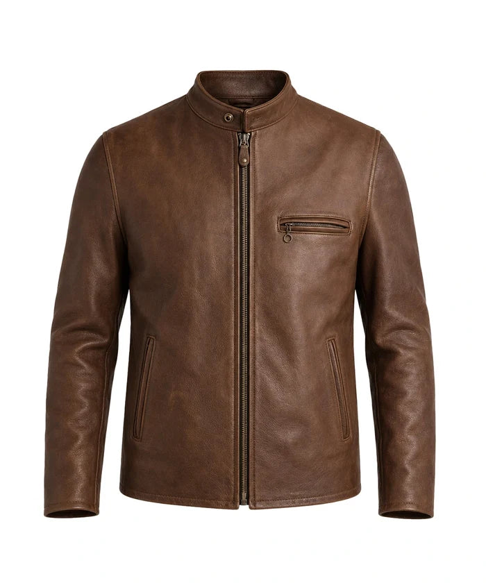 Heritage Brown Cafe Racer Leather Jacket crafted from premium genuine cowhide leather