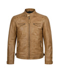 A tan leather motorcycle jacket with a stand collar, front zipper, and zippered chest pockets, shown on a plain white background.