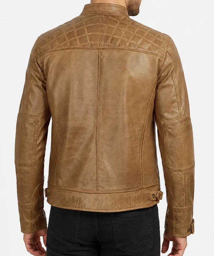 Back view of Men's Camel Leather Jacket showing rich brown leather finish, clean stitching, and classic outerwear design.
