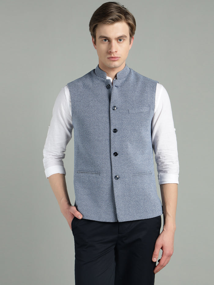 Men's Classic Blue Textured Nehru Jacket