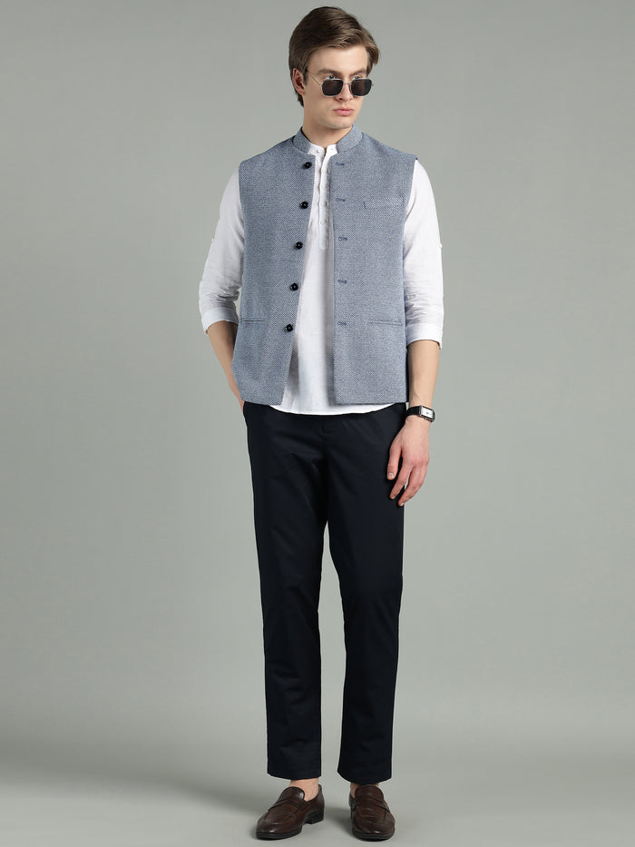 Men's Classic Blue Textured Nehru Jacket