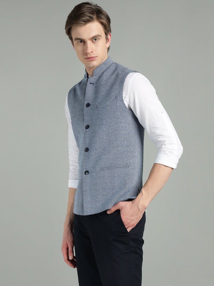 Men's Classic Blue Textured Nehru Jacket