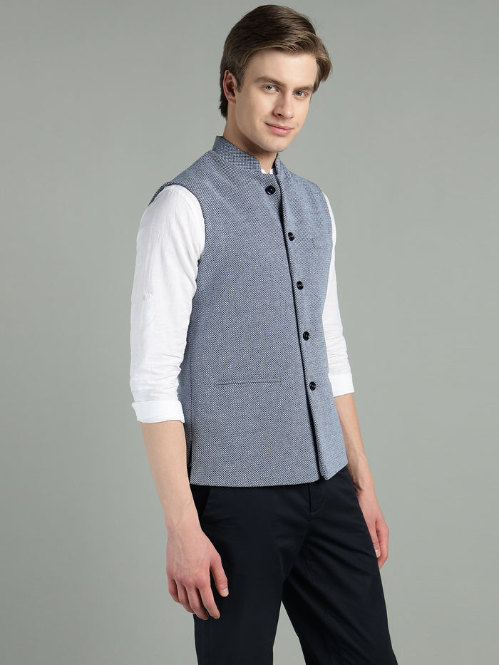 Men's Classic Blue Textured Nehru Jacket