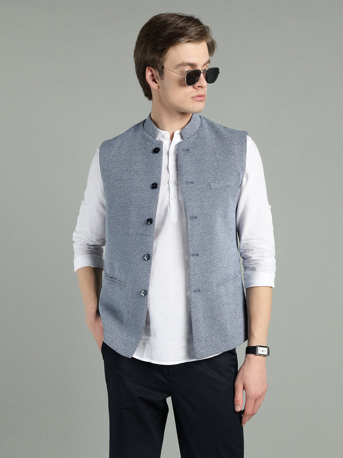 Men's Classic Blue Textured Nehru Jacket