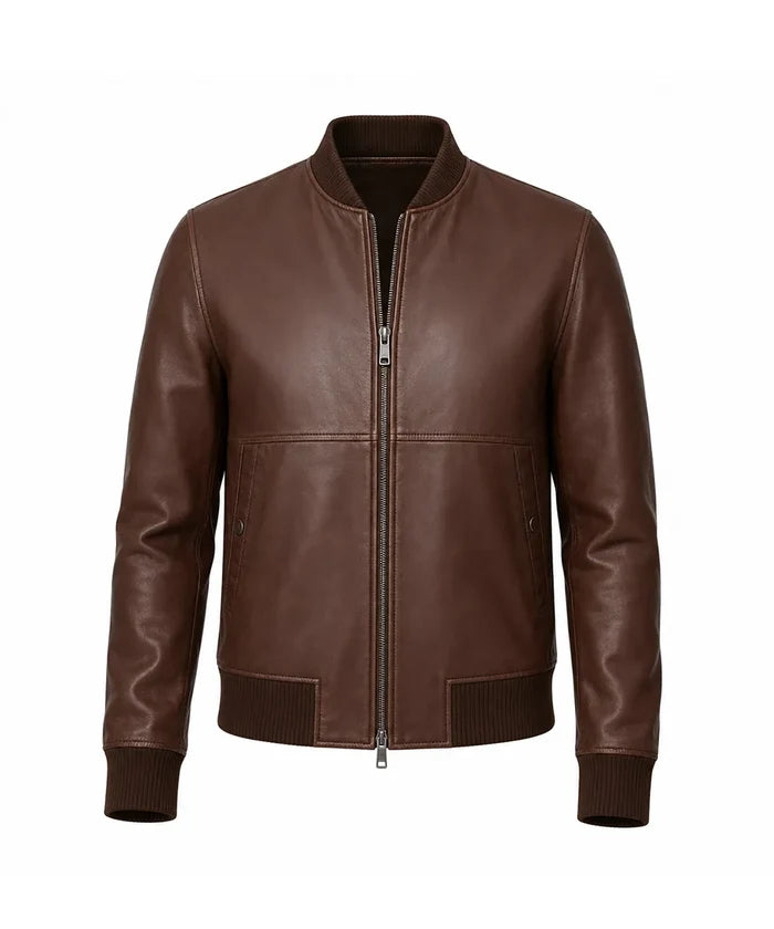 Men's Dark Brown Leather Bomber Jacket