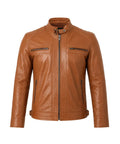 Men's camel cafe racer leather jacket front view