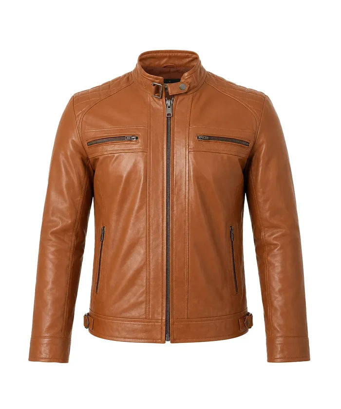 Men's camel cafe racer leather jacket front view