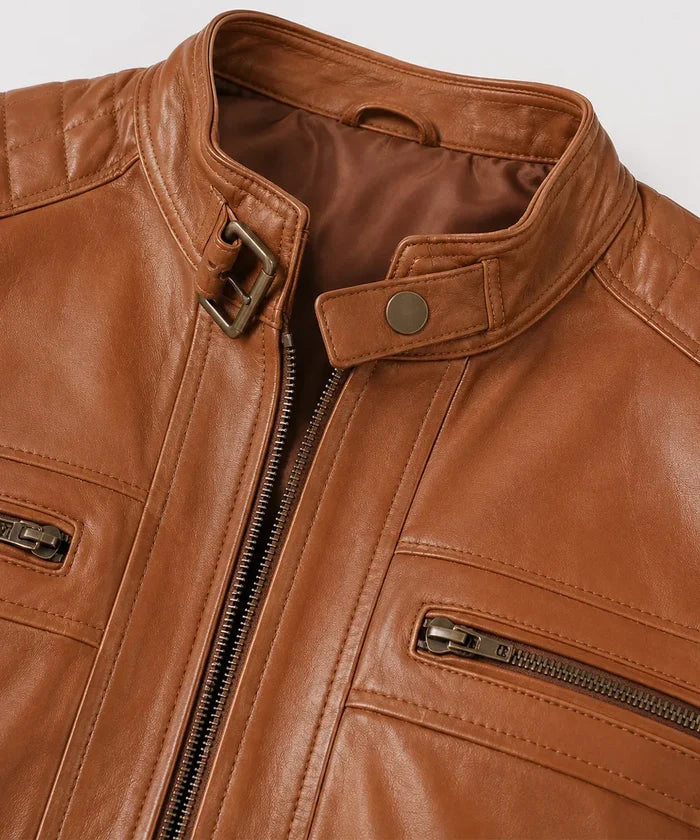 Camel leather jacket with front zip closure and pockets