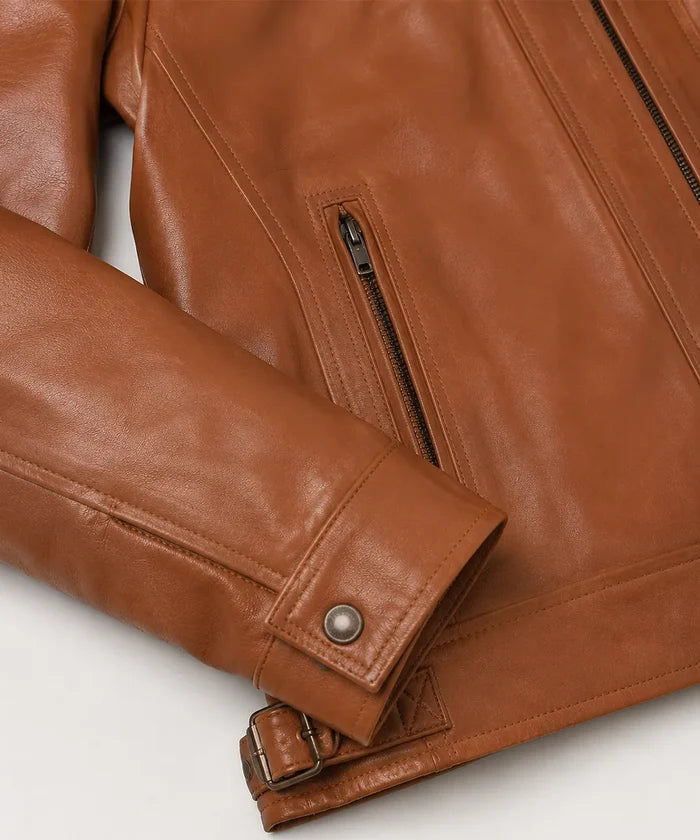 Genuine lambskin camel leather jacket material detail