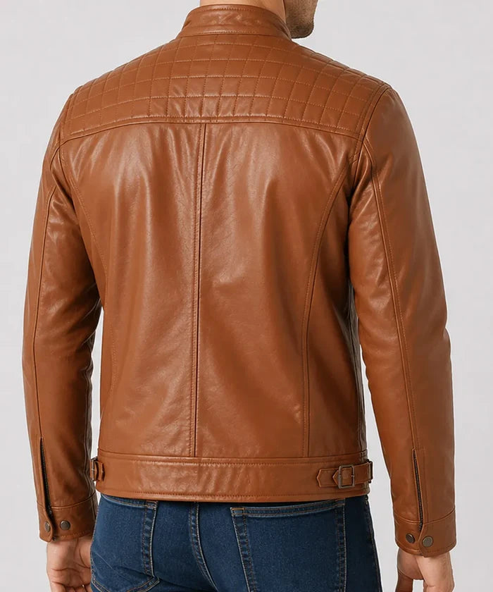 Men's camel lambskin leather jacket back view