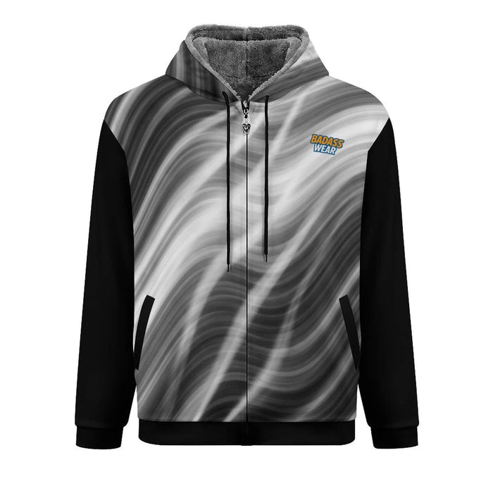 Men's Double Layer Fleece Zippered Hoodie black and white abstract wave pattern