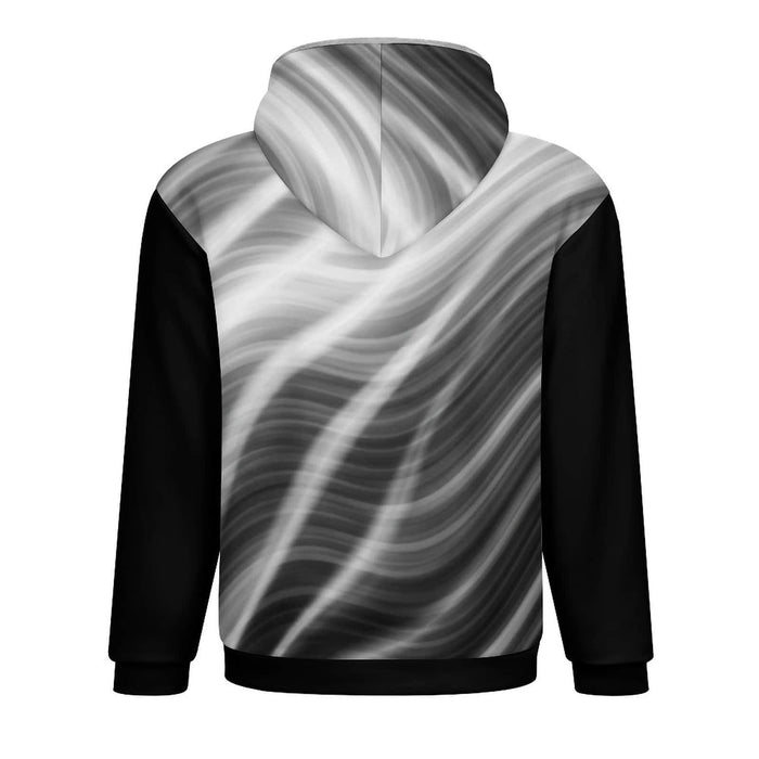 Men's Double Layer Fleece Zippered Hoodie black and white abstract wave pattern
