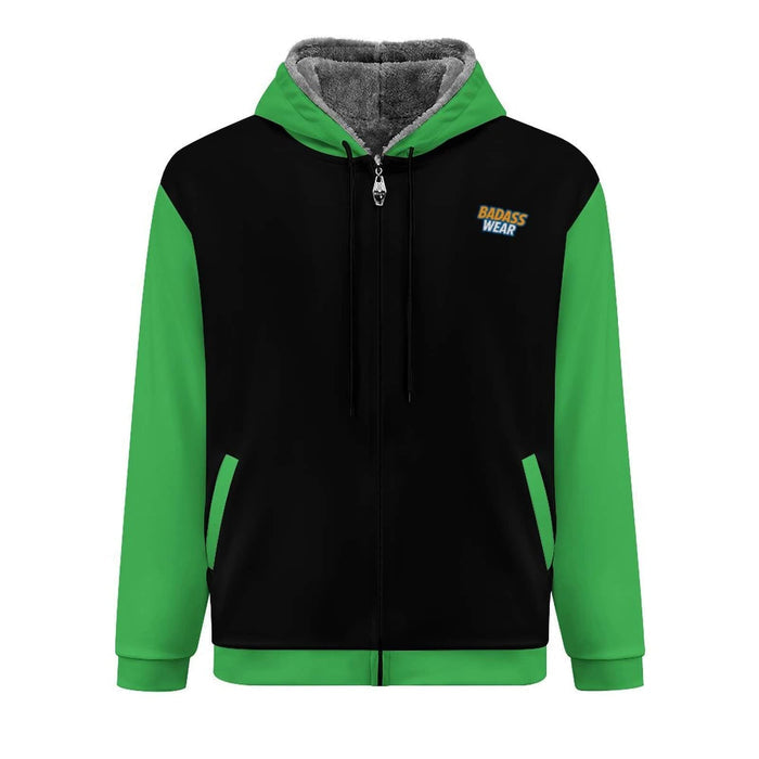 Men's Double Layer Fleece Zippered Hoodie Black & green