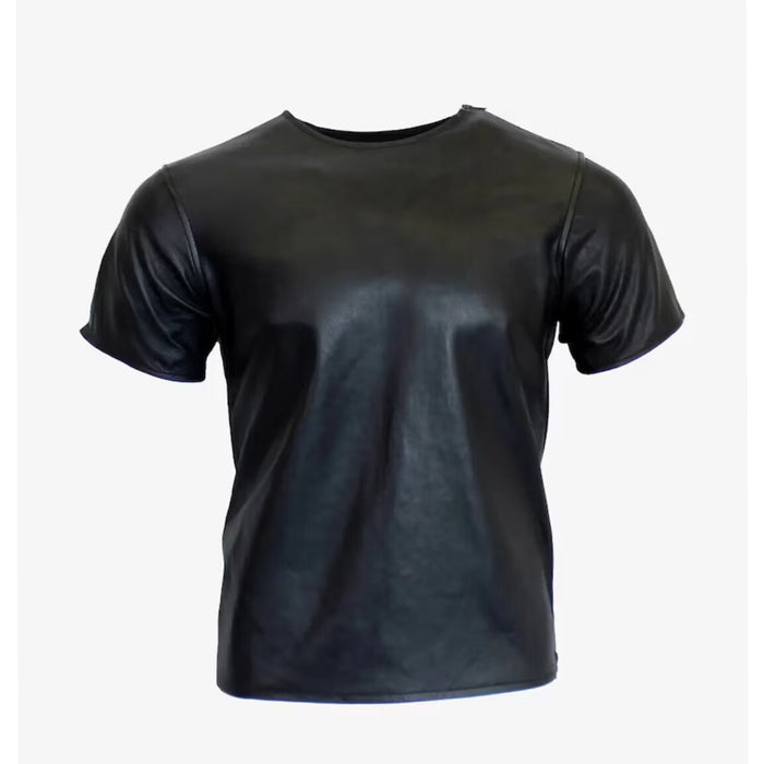 Men's Genuine Sheep Black Leather T-Shirt | Leather Outlet