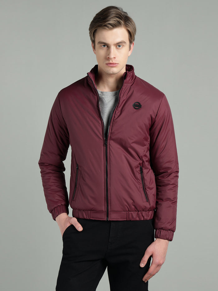 Men's Maroon Puffer Winter Jacket With Zip Closer