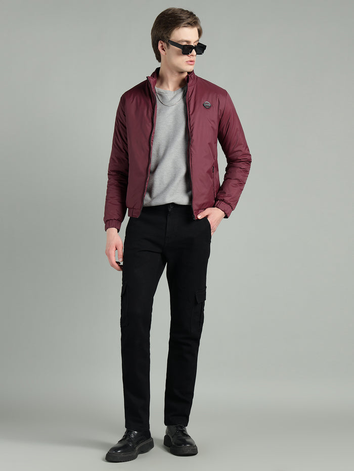 Men's Maroon Puffer Winter Jacket With Zip Closer