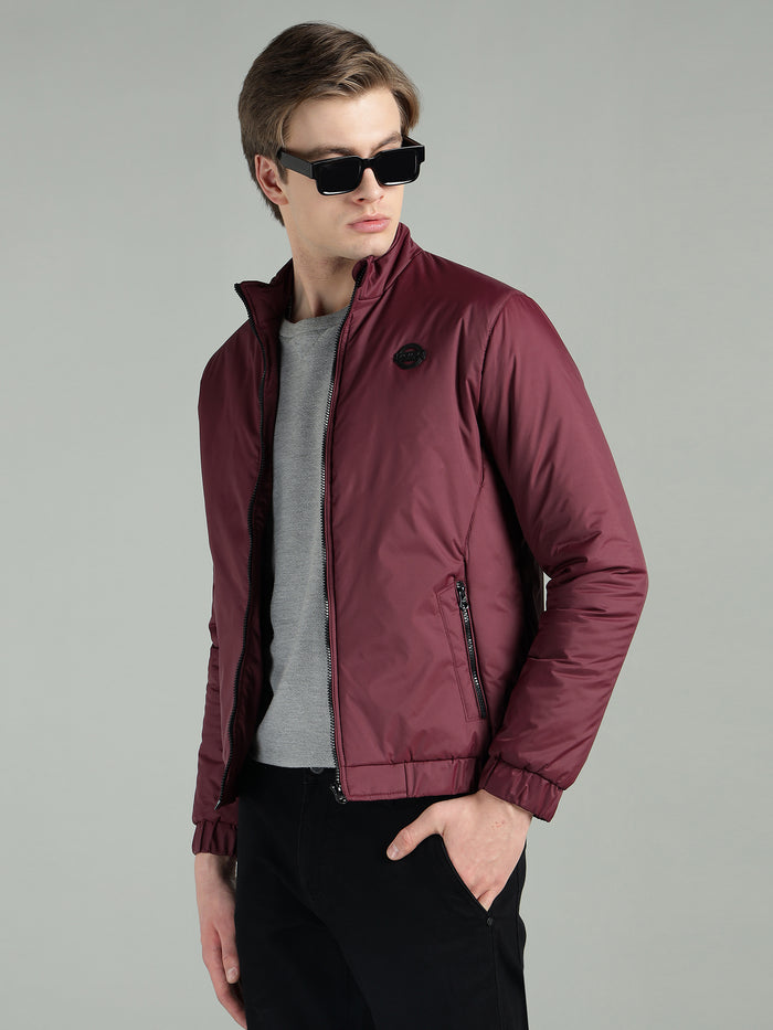 Men's Maroon Puffer Winter Jacket With Zip Closer