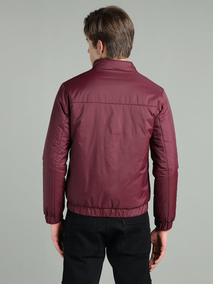 Men's Maroon Puffer Winter Jacket With Zip Closer