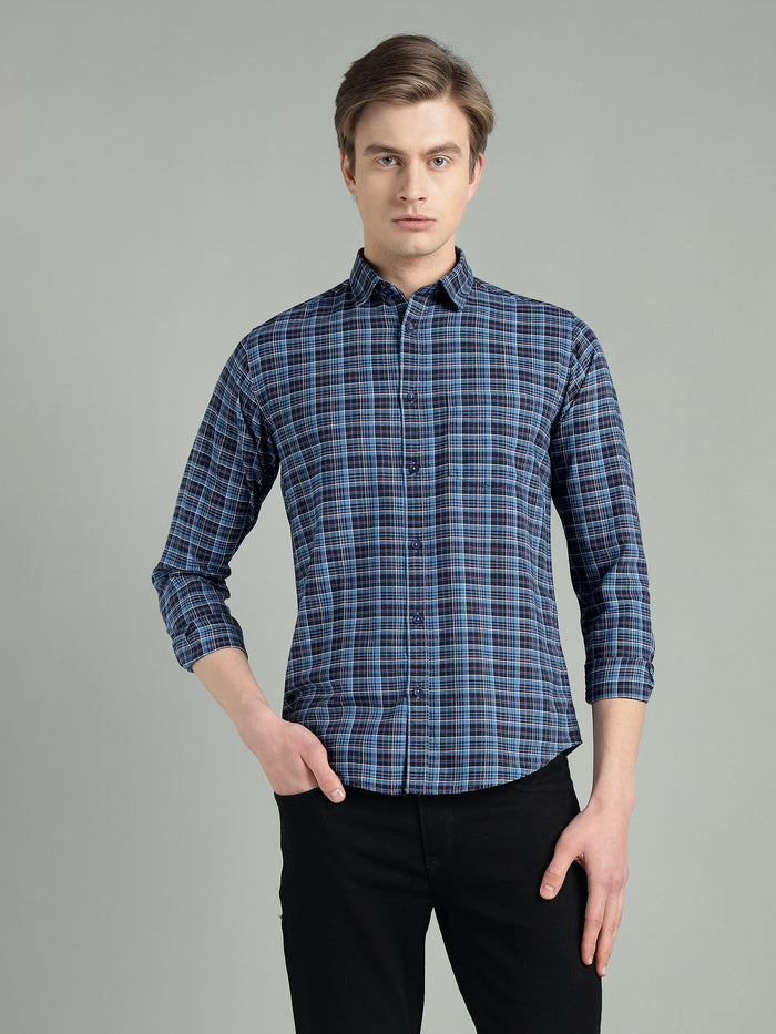 Men's Navy Blue Checkered Cotton Casual Shirt
