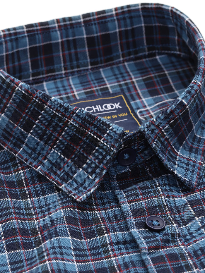 Men's Navy Blue Checkered Cotton Casual Shirt
