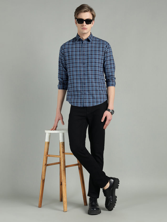 Men's Navy Blue Checkered Cotton Casual Shirt