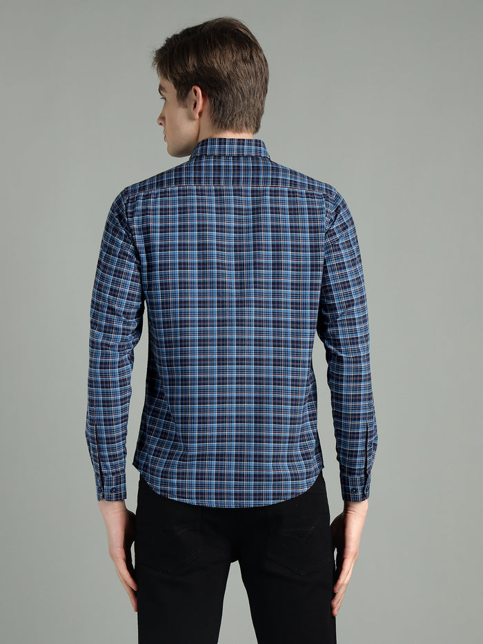Men's Navy Blue Checkered Cotton Casual Shirt